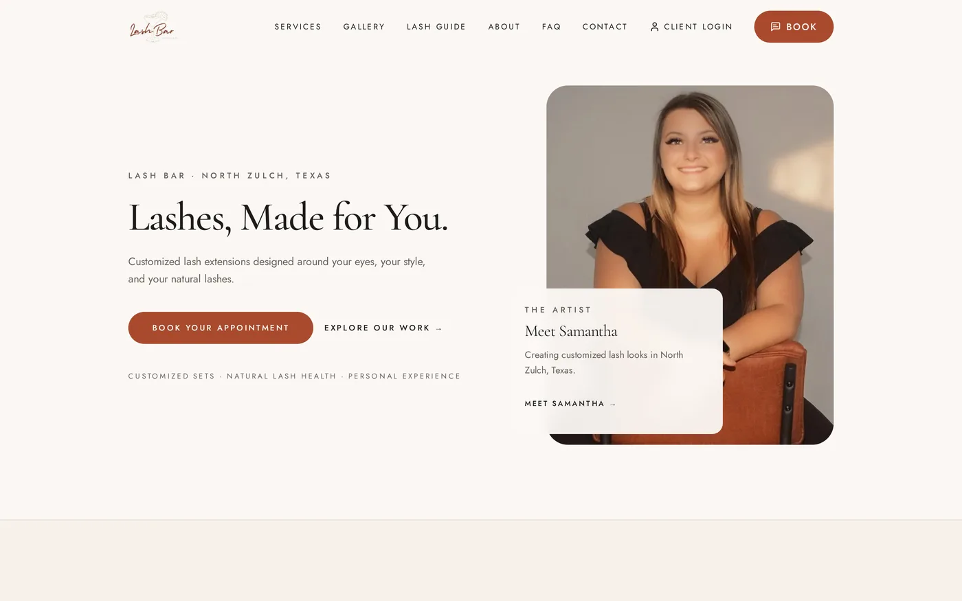 North Zulch Lash Bar website shown on a desktop screen