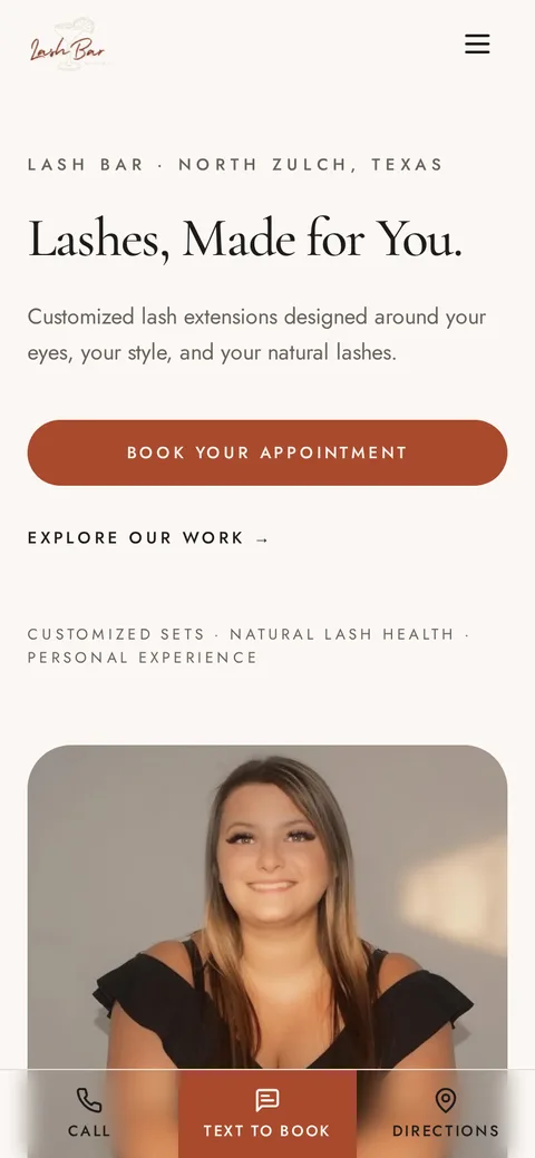 North Zulch Lash Bar website shown on a mobile phone